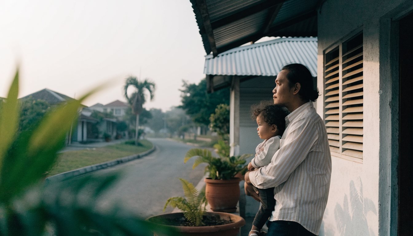 Seorang ayah menggendong anaknya di teras rumah pada pagi hari