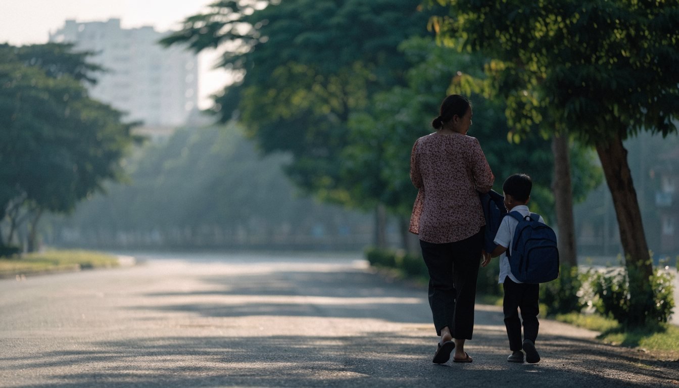 Seorang ibu mengantar anaknya berjalan ke sekolah di pagi hari